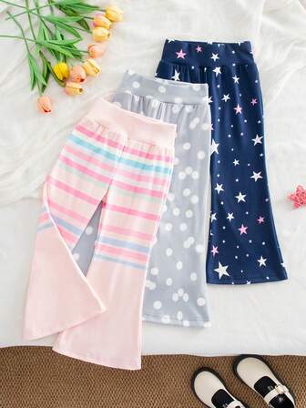 三件套女童时尚可爱几何图案印花紧身喇叭裤，针织柔软舒适弹力高腰打底裤，时尚百搭的假日风格女童服装，非常适合秋冬季户外活动、上学、骑行、跑步、跳舞、聚会和日常居家穿着，圣诞节也适用。