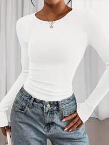 Áo sơ mi nữ tay dài, dáng ôm cơ bản, áo thun thường ngày có gân, Thu/Đông 2025 - trắng - Xem 6