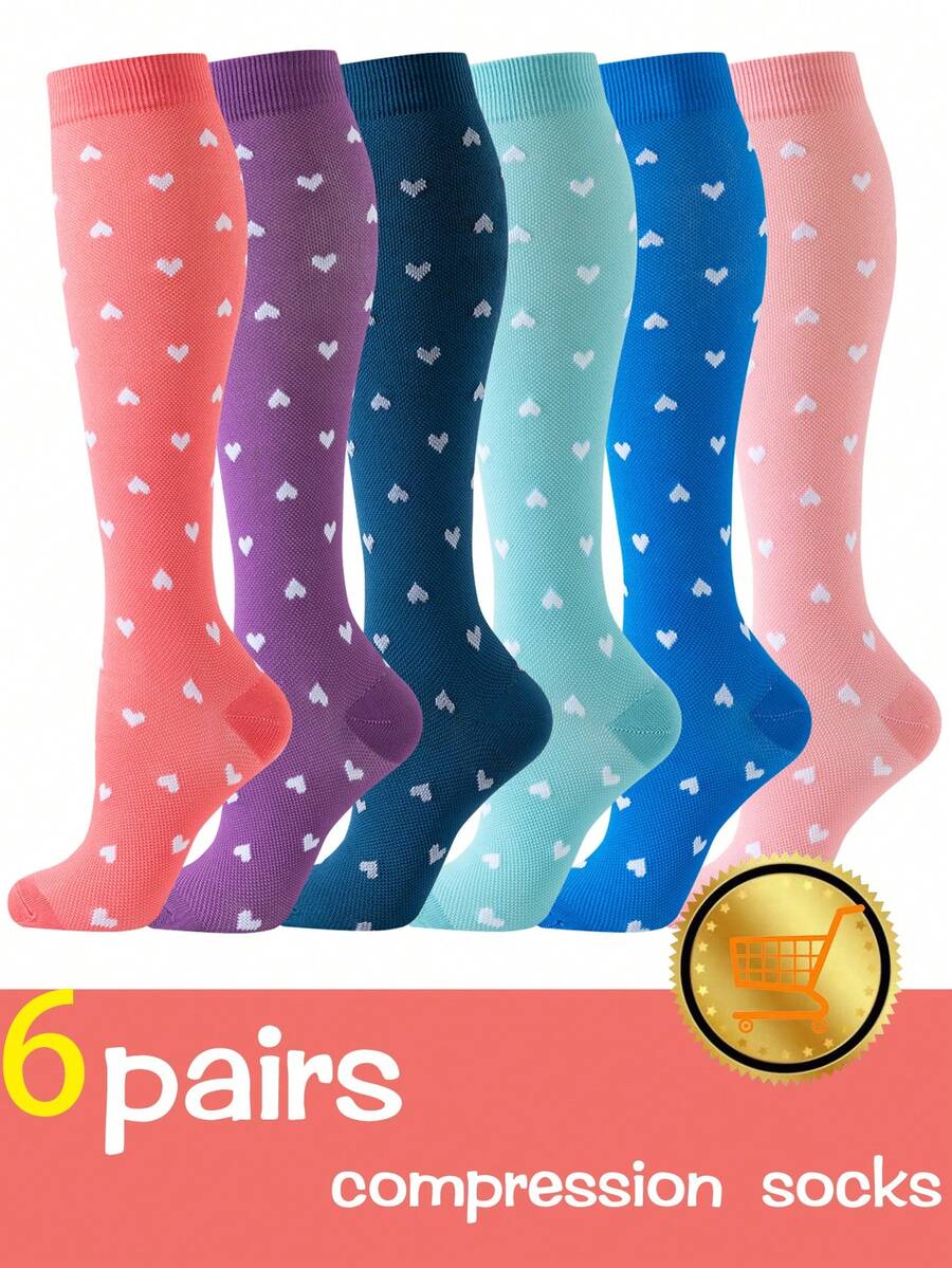 6 Pairs Heart Athletic Nurse Compression Socks Women Men Knee High Compression Socks Women Compression Socks Suitable For Running, Cycling, Hiking
