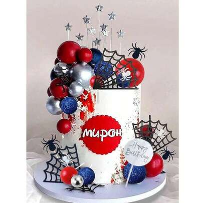 37PCS Spider Cake Decorations, Red And Blue Foam Balls, Happy Birthday Acrylic, Star Cake Decorations, Spider Web Decorations, Suitable For Men's Birthday Cake Decorations, Themed Cake Decorations(Do Not Touch The Cake Directly; Please Use A White Or Transparent Rod Or Bamboo Skewer.)