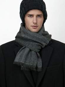 1pc Classic Striped & Plaid Print Warm Thick Scarf, Unisex Fashion Casual Couple Neck Warmer, Suitable For Daily Wear, Autumn/Winter - Black - View 5