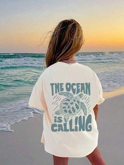 Teen Girl Turtle & Letter Print Crew Neck Short Sleeve T-Shirt, Casual Summer Top