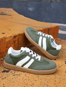 1 par de zapatillas casuales de piel de PU con cordones planos para mujer, color verde, adecuadas para todas las estaciones - Verde Oscuro - Ver 2