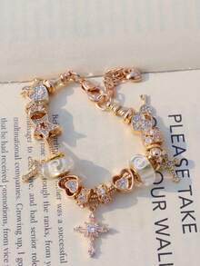 1条时尚漩涡吊坠手链，1条十字架钥匙DIY手链，1条经典锁头钥匙手链，1条十字架爱心手链 - 金色 - 查看 6