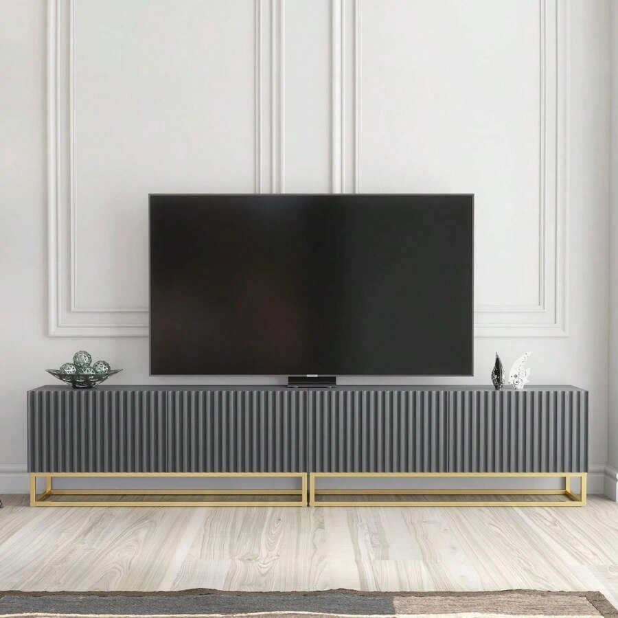 Ripple Duo TV Unit 200cm - Modern Fluted Design With Push To Open Doors - Dark Grey - View 1