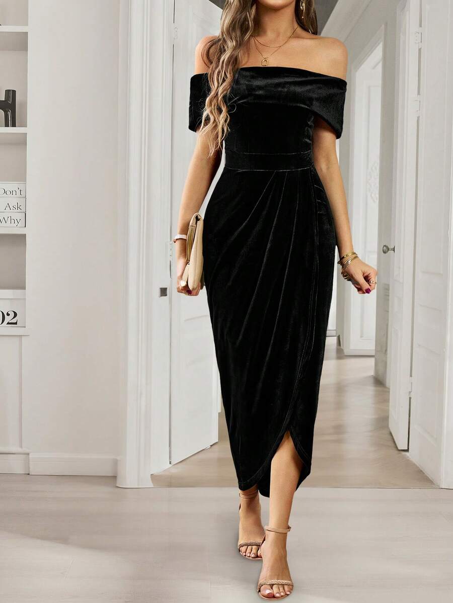 PoPoHouse Women's Off Shoulder Velvet Dress, Elegant Solid Color High Waist Midi Dress With Slit, Formal Cocktail Party Gown For Spring & Fall - Black - View 1