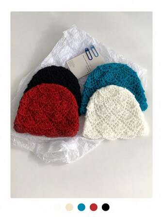1 pieza Gorro de punto con textura de unicolor, gorro de crochet hecho a mano, retro, transpirable, cálido y acogedor para otoño/invierno