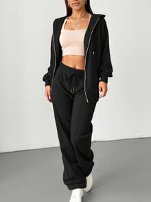 两件套纯色休闲拉链连帽衫套装，适合海滩、办公室、运动、居家、街头、春季、秋季、冬季、毕业典礼、返校、女教师、秋季服装、冬季服装、万圣节服装、沙特国庆日服装（黑色）。 - 黑色 - 查看 6