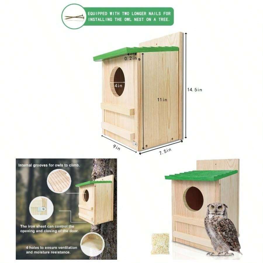 Screech Owl House, Owl Bird Box Large Handmade Wooden Circular Opening Screech Box Outside With Mounting Screws And A Bag Of Wood Shavings, Easy Assembly Required - 木材顏色 - 查看 1