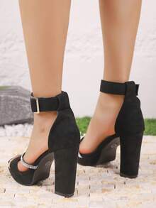 Fashionable Black Suede Thick High Heel Sandals For Women, Summer, Rhinestone Strap Ankle Buckle Design, Comfortable & Versatile, Slimming & Tall, Chic & Minimalist European Style - Black - View 9