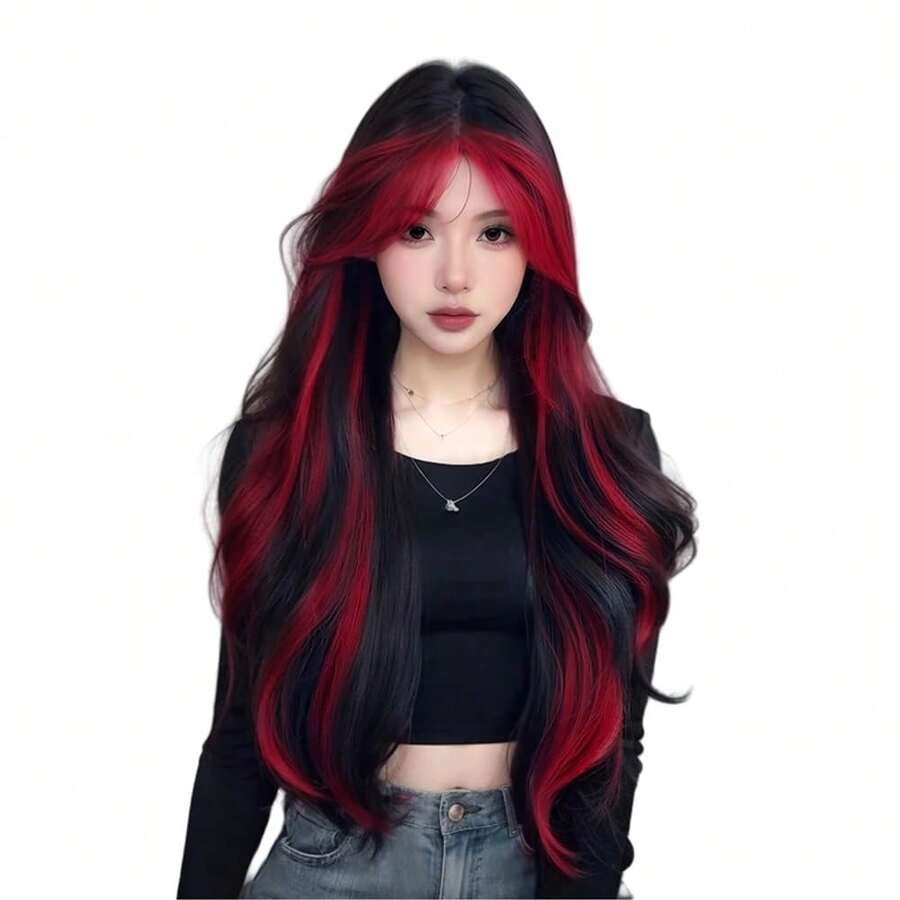Black And Red Highlights Long Wavy Wig For Women Gothic Ombre Red Curly Wig Natural Looking Synthetic Wigs Hair Replacement Wigs For Daily Party Use - Đánh dấu màu đỏ - Xem 1