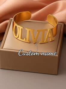 Customized Women's Stainless Steel Bracelet With Personalized Nameplate, Letter, Heart, Butterfly, Crown Charm, Jewelry Gift For Birthday, Valentine's Day, Christmas - Large Gold Bracelet - View 6