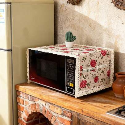 Floral Microwave Oven Cover With Elegant Lace Trim And Pocket For Kitchen And Home Decor
