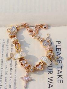 1条时尚漩涡吊坠手链，1条十字架钥匙DIY手链，1条经典锁头钥匙手链，1条十字架爱心手链 - 金色 - 查看 7