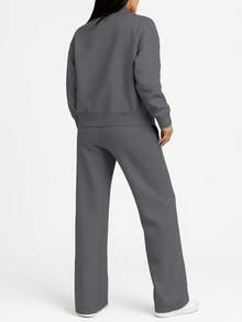 2pcs Casual Solid Color Sweatshirt Jacket Top And Straight Leg Pants Set, Soft Fleece Fabric, Suitable For Spring, Autumn And Winter