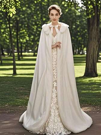 1件女士白色蓬松开襟披肩，系带天鹅绒蝴蝶结装饰，保暖冬季新娘披肩，适合婚礼、成人仪式、舞会等场合，优雅复古浪漫风格，休闲保暖毛绒披肩斗篷