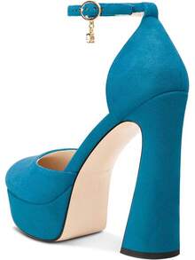 HDEUOLM Womens Chunky Block High Platform Heel Round Toe Closed Toe Pumps Two-Piece Ankle Strap Buckle Party Cute 53 Inches HeelsChristmas - 藍色 - 查看 8