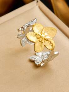 1 Fashionable And Simple Gold And Silver Dual Color Stainless Steel Multi-Element Bow, Starfish Flower, Shell Pattern, Open Mouth Women's Ring