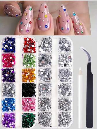 12-Grid Multi-Size 3D Nail Art Rhinestones - Vibrant Acrylic Gems & For Diy Manicure Decorations, Assorted Colors (Pink, Blue, Green, Red, Purple) - Perfect For Stunning Nail Designs, Nail Charms Nail Supplies Nails