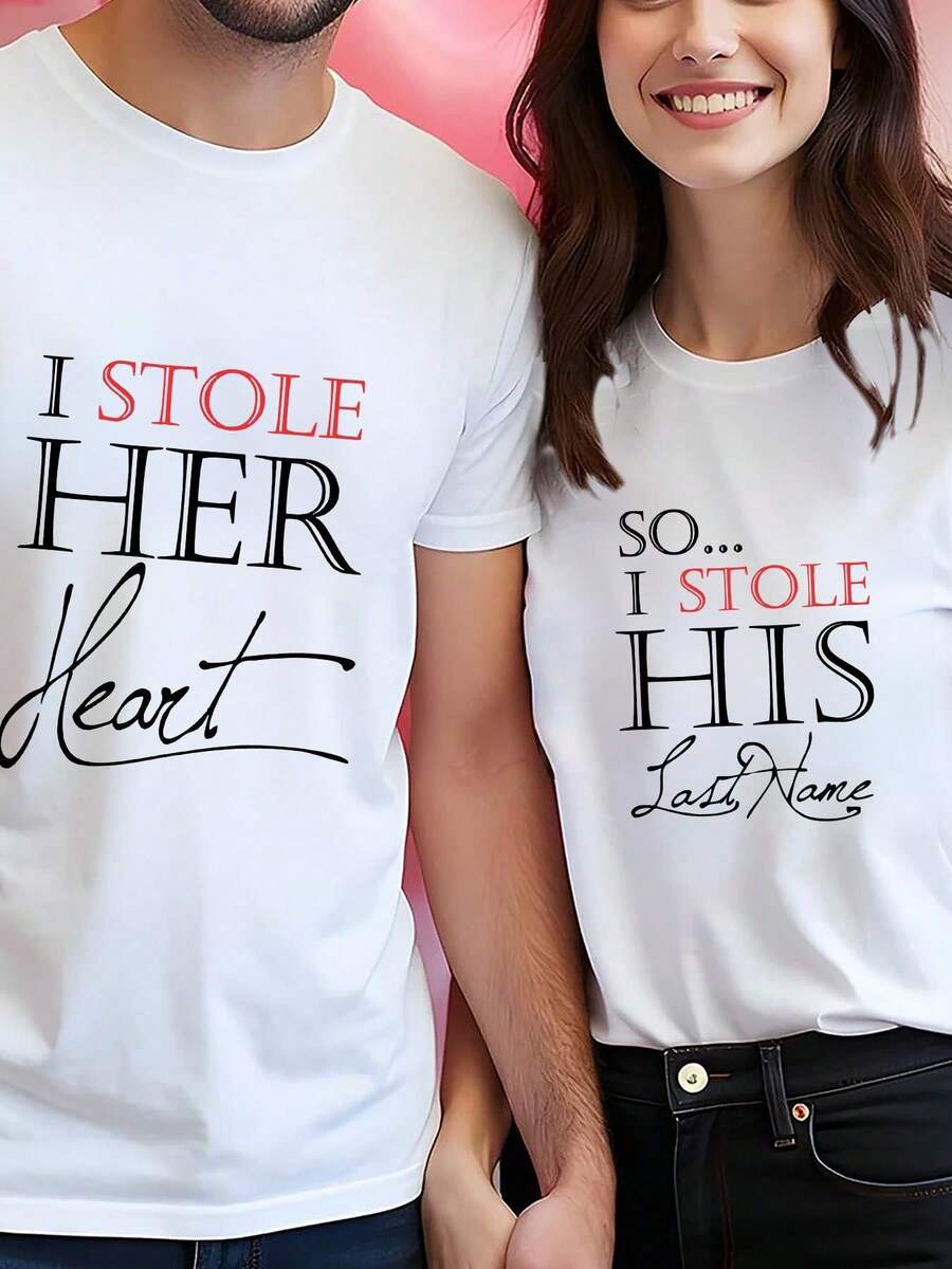 His & Hers Matching Couple T-Shirts - "I  Her Heart" Funny Print, Comfortable Casual Crew Neck Short Sleeve Tops, Perfect For Anniversaries & Valentine'S Day, Sizes S-XXL, Best For Couples - 男性 - 查看 1
