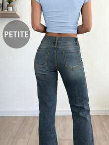 Y2K风格高腰纽扣修身水洗紧身牛仔裤，带口袋，适合返校、通勤和休闲穿着。 - 深色水洗藍 - 查看 4