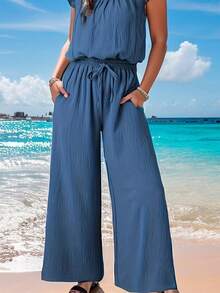 Womens Summer Loose Spaghetti Strap Short Jumpsuit Rompers - Royal Blue - View 3