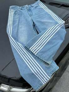 Vaqueros de pierna ancha para hombre Y2K, vaqueros con estampado de rayas a la moda, estilo americano, cintura elástica vintage, vaqueros elásticos con bolsillos. - Azul - Ver 2
