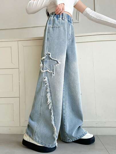 少女休闲水洗五角星刺绣牛仔裤，秋季款