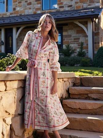This English Country-Style Floral Plaid Dress Features A Slimming And Elegant Design With A Lapel Collar, Tie Details, And Lantern Sleeves. Perfect For Afternoon Tea In The Garden, A Country Stroll, Or A Vintage Party.
