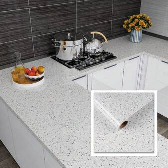 1 Rollo de papel tapiz autoadhesivo con textura de granito blanco, impermeable, con patrón de mármol liso, adecuado para cocina, gabinetes de baño, encimeras, escritorios, muebles de sala de estar, decoración del hogar en el baño