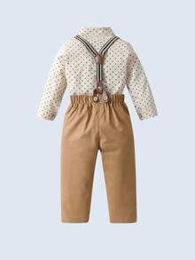 BOARNSEORL 2pcs Young Boys Gentleman Outfit - Long Sleeve Collared Shirt With Bow Tie And Suspender Pants, Fashionable And Dapper For Birthday Party, Formal Event, Wedding, Anniversary Celebration