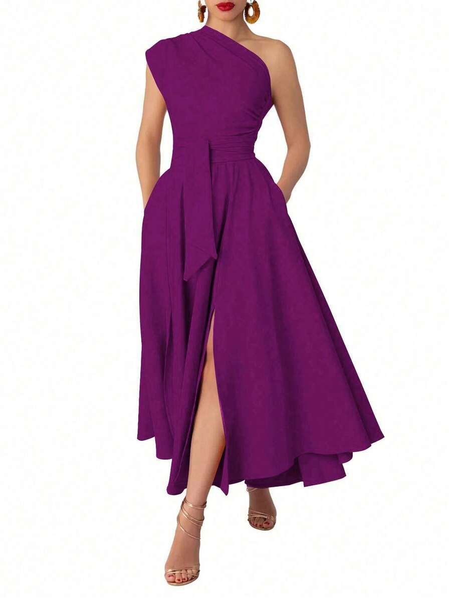 Women's Sleeveless Solid Color Dress With Pockets And Side Slit, Elegant Summer - Bold Plum - View 1
