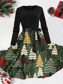 Váy xòe tay dài cổ tròn cạp cao in họa tiết cây thông Noel cổ điển kèm ruy băng - màu xanh lá - Xem 1