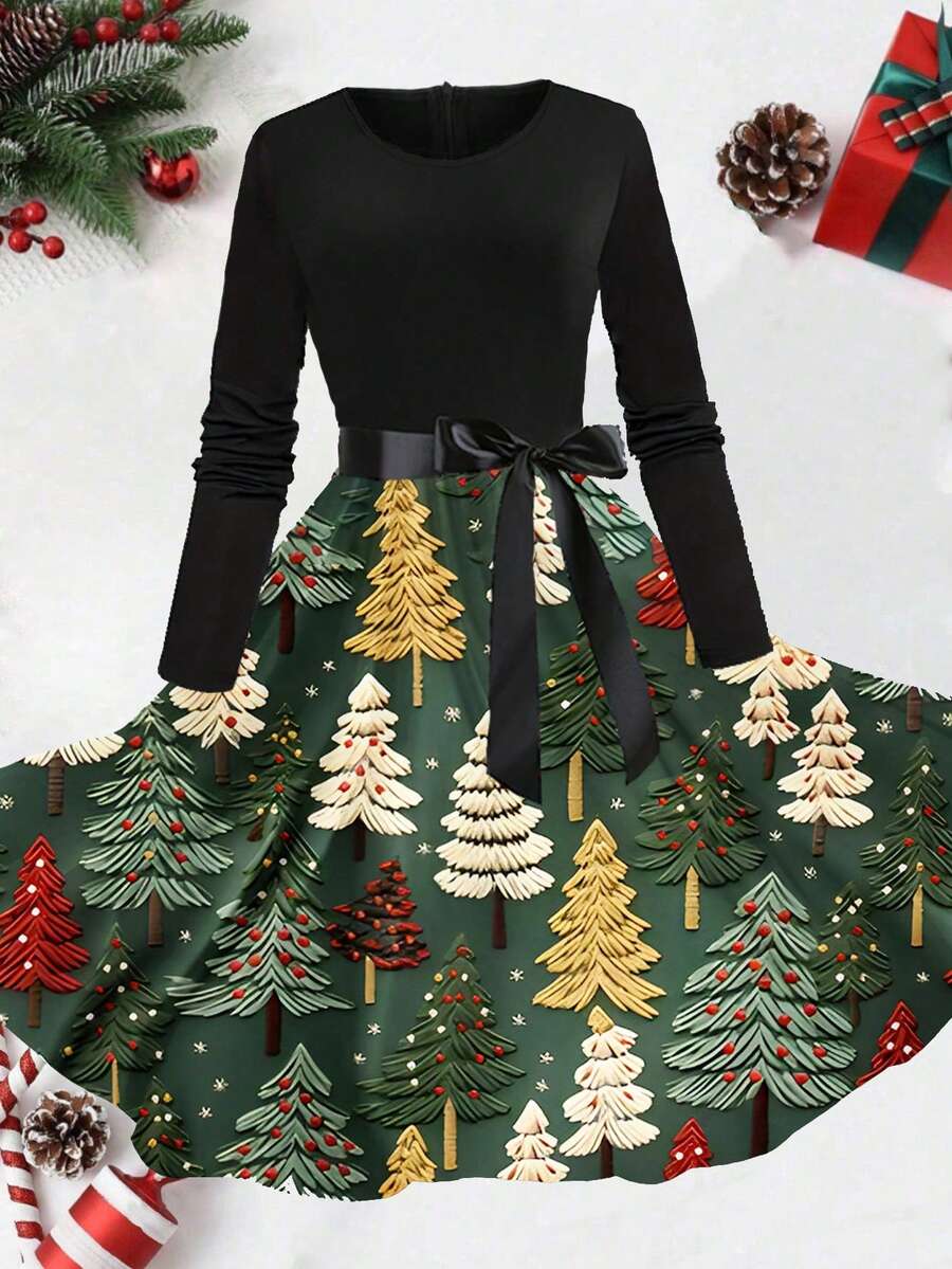 Váy xòe tay dài cổ tròn cạp cao in họa tiết cây thông Noel cổ điển kèm ruy băng - màu xanh lá - Xem 1