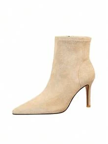 Classic Pointed Toe Stiletto Heel Short Boots, European And American Style, Suede Side Zipper Fashion Women's Slim Ankle Boots - Apricot - View 8