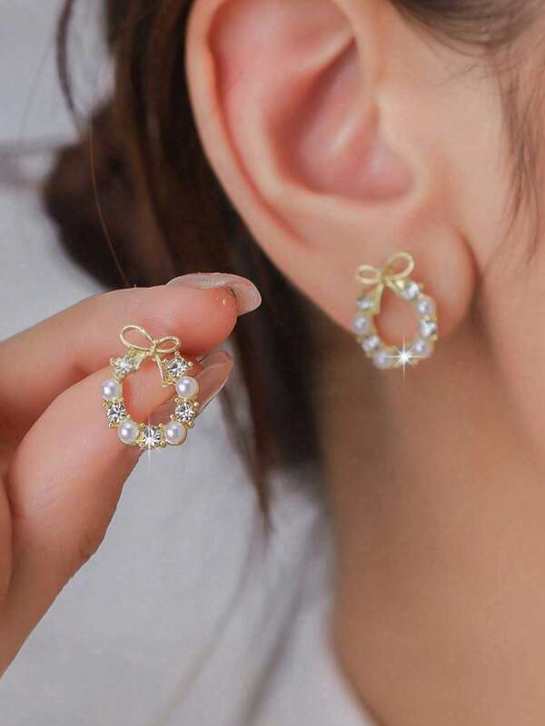 1 par de pendientes de perla falsa con cristal de diamante y lazo elegante, adecuado para el uso diario de las mujeres
