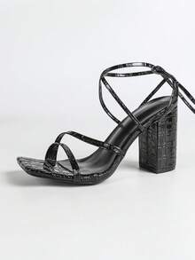 Giày sandal cao gót màu đen dành cho nữ, buộc dây dài đến bắp chân, mũi vuông, gót dày, thoải mái và thời trang, đa năng, thiết kế hở mũi giúp kéo dài đôi chân, màu hồng pastel thanh lịch, phù hợp với trang phục mùa xuân hè. - màu đen - Xem 7