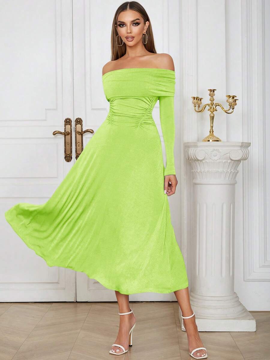女士露肩荷叶边长袖A字型派对连衣裙 - 青檸色 - 查看 1