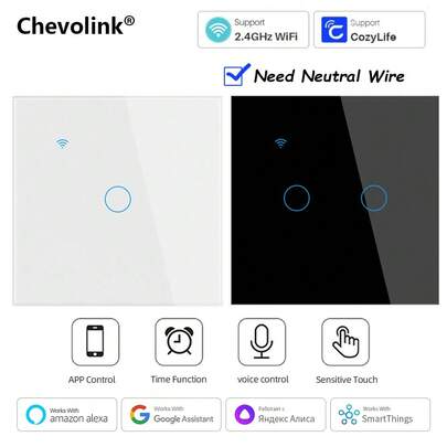 Cozylife WiFi智能开关 - 欧标墙壁触摸式灯开关，交流100-240V，需接零线，1/2/3联 - 可与Alexa和Smart Life App配合使用，实现语音控制