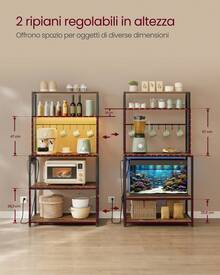 VASAGLE Scaffale da Cucina con LED, Scaffale per Microonde con Multipresa, Ripiani Regolabili, 8 Ganci, 40 x 80 x 168,4 cm, Marrone Vintage e Nero Opaco - Castano - Visualizzare 4