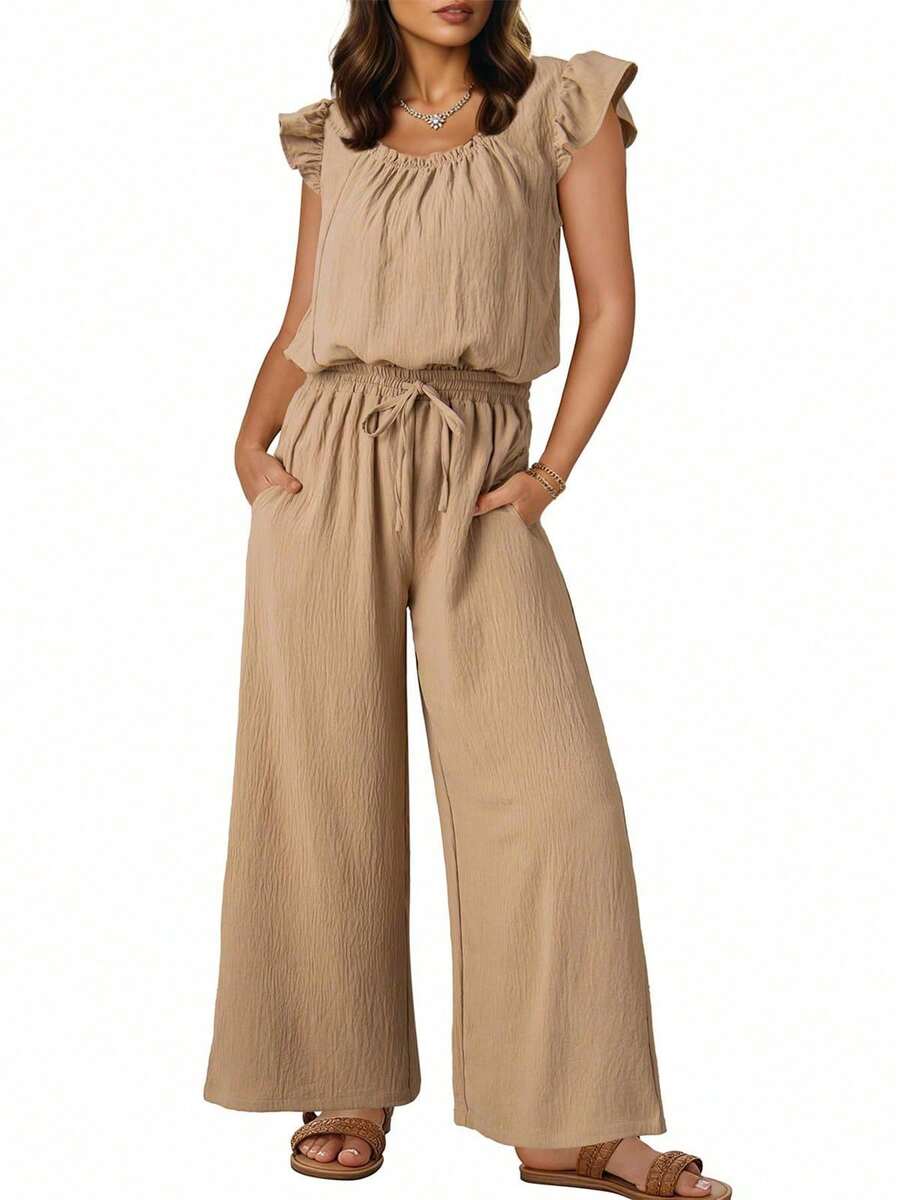 Womens Summer Loose Spaghetti Strap Short Jumpsuit Rompers - Albaricoque - Ver 1
