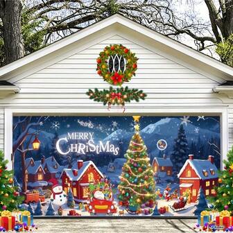 Christmas Garage Door Cover - Multifunctional Holiday Scene Banner, Durable Polyester, Fits Any Standard Garage, Perfect For Christmas, No Electricity Needed