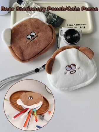 Cute Plush Bear Children's Stationery Bag, Portable Storage Bag For Stationery, Lipstick, Earphones, Cards, And Coin Purse. Perfect As A Children's Pencil Case, Student Desk Stationery Organizer