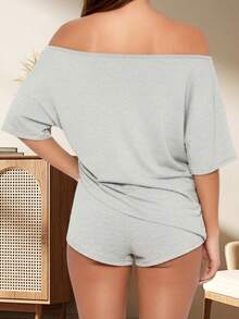 Women Summer Pajama Set Solid Color Off Shoulder Short Sleeve Tops And Mini Shorts 2 Piece Lounge Outfit - Grey - View 6
