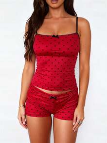 Women Polka Dot 2 Piece Pajamas Set Y2k Slim Fit Cute Pjs Sleepwear Outfits Spaghetti Strap Cami Crop Tops Low Waist Mini Lounge Shorts Sets - Đỏ - Xem 1
