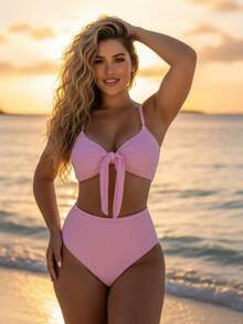 Plus Size High-Waisted Bikini, Shaping, Butt-Lifting, Deceiving, Larger Size, Women's Set, Size 62, Beach, Sensual, Boho, Elegant, Casual, Fabric, Women's Fashion, Summer Fashion, Casual Fashion, Beach, Holiday, Vacation, Daily Travel, Summer - 粉色 - 查看 1