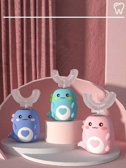 1 pieza Cepillo de dientes eléctrico en forma de U para niños con 1 cabezal de cepillo (capacidad de batería: 150mAh), 5 modos, limpieza automática de 360°, vibración suave, diseño con patrón de dinosaurio de dibujos animados, diseño impermeable IPX7, haciendo que el baño sea divertido y protegiendo las encías, regalo de Navidad ideal