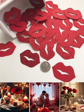 红色嘴唇形状的五彩纸屑，烛光餐桌装饰，闪亮的嘴唇形状五彩纸屑，浪漫周年纪念惊喜装饰，情人节装饰，派对装饰，适用于婚礼、生日、周年纪念、单身派对和特别的情人节活动。