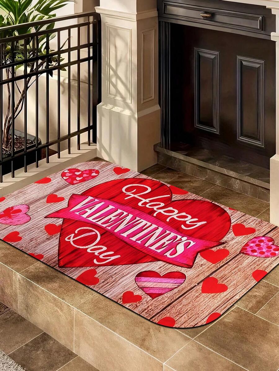 1pc Rustic Wooden Heart-Shaped 3D Love Design Non-Slip Mat - Washable Polyester Doormat For Home, Bedroom, Living Room, Bathroom Decor - Rectangular, PVC Backing, Suitable For Valentine's Day, Christmas, Easter, Thanksgiving, Wedding Holidays