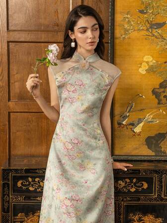 Faeriesty 精致新款中国风女式旗袍：小立领、披肩袖、优雅A字裙摆——是正式商务晚宴、尊贵盛会、慈善活动、优雅婚礼招待会、精致周年庆典及新年盛装的理想之选。